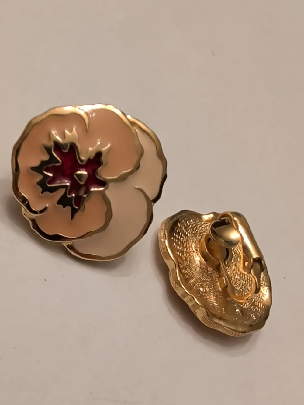 Enamel Poppy Flower Clip-On Earrings in Blush and Red